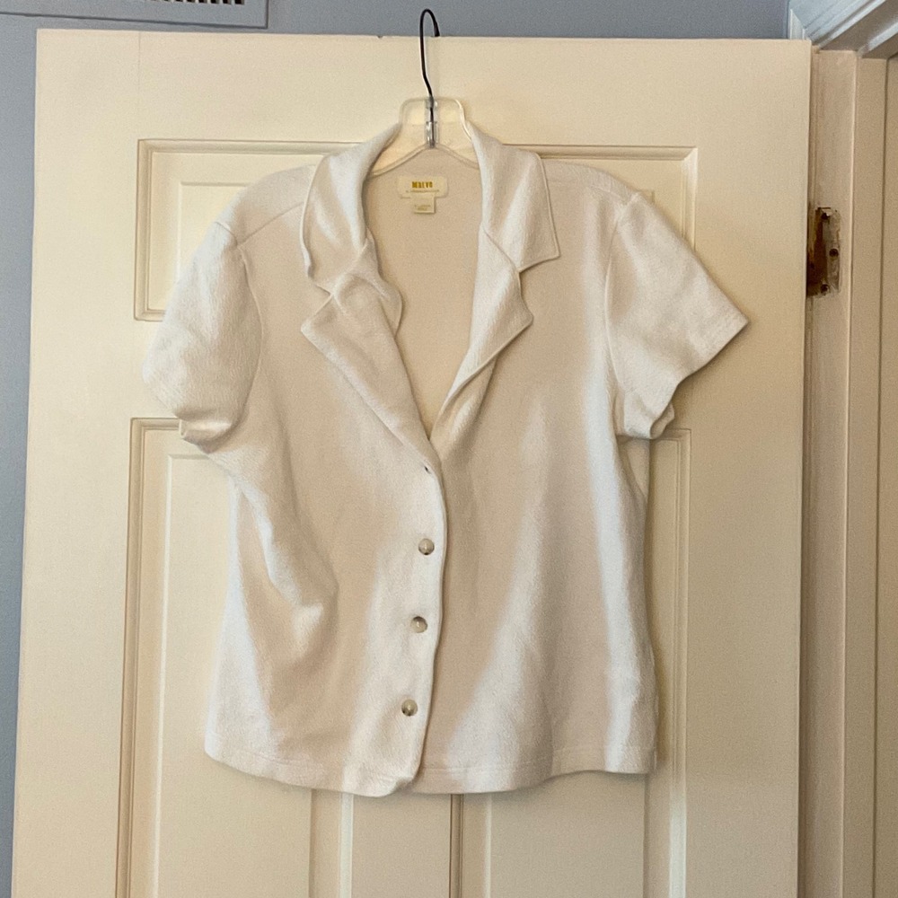 Anthropologie Maeve White Textured Short Sleeve Button Up Top XL Boho Coastal